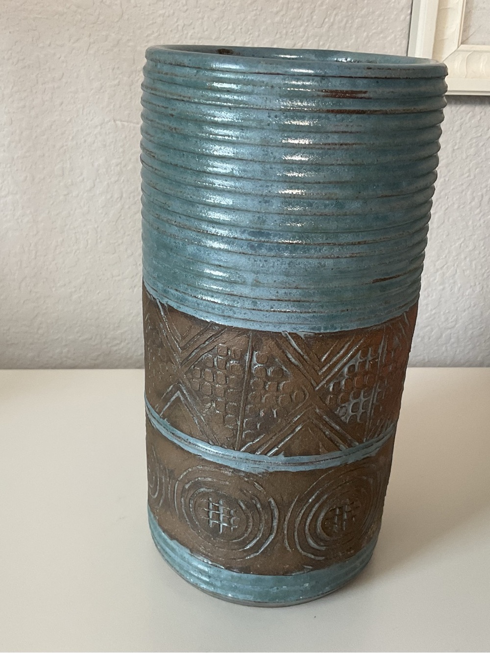 Textured Blue and Brown Decorative Ceramic Vase, made in Cameroon